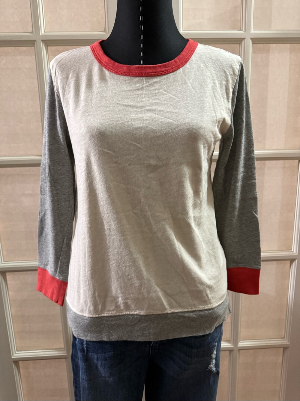 J. Crew Cream & Gray Long Sleeve Ringer Top with Coral Accents